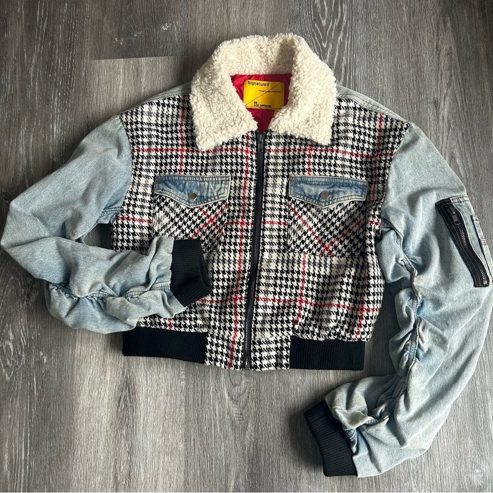Signature 8 Denim and Houndstooth Plaid Denim Jacket Crop Style Size Small